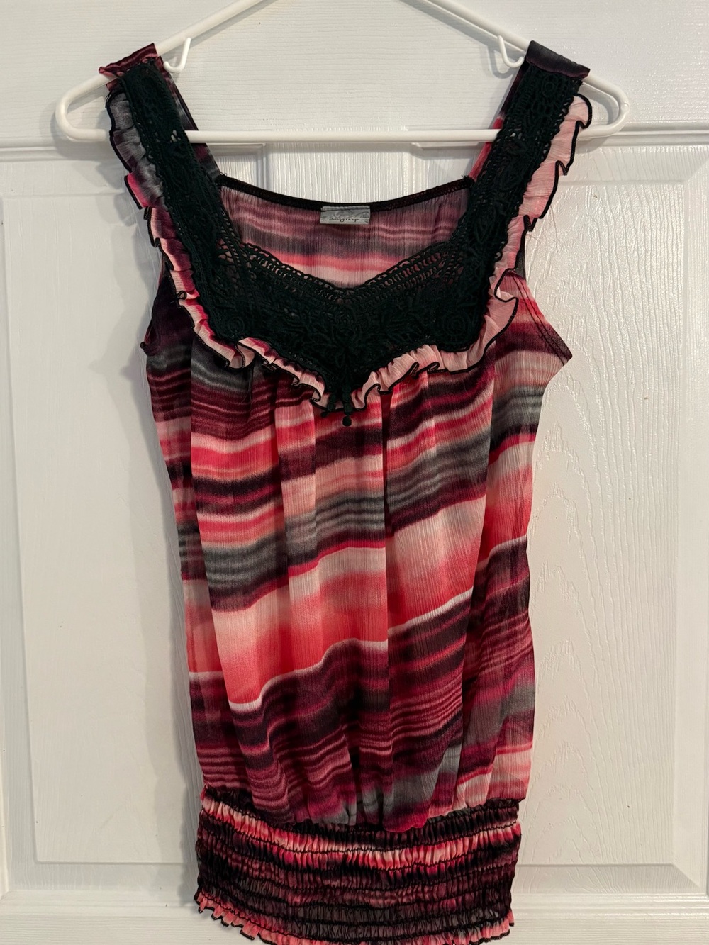 Women’s Daytrip Striped Pink and Black Ruffled Tank Top with Lace Trim   Size S